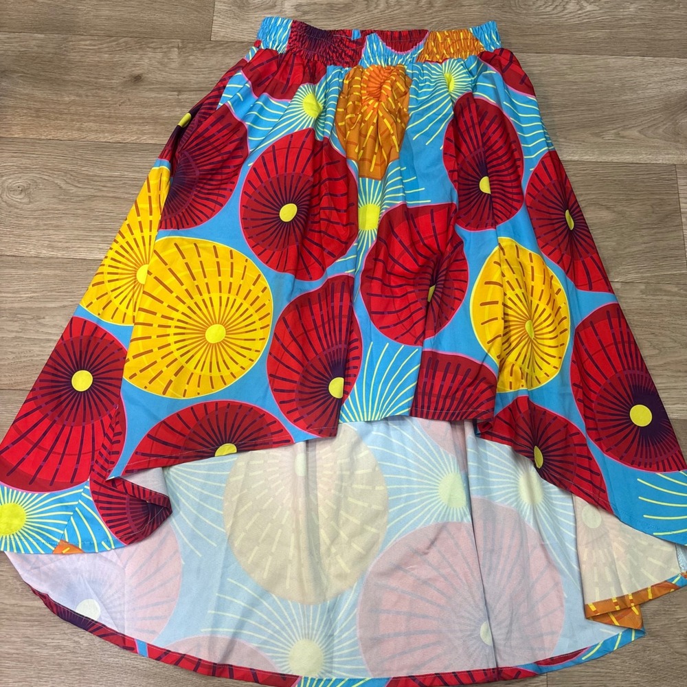 Brick Built Womens High Low Skirt Blue Red Yellow Sunburst Print Large NWT
